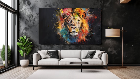 Colorful Abstract Lion Head with Paint Splashes Vibrant Modern Animal Wall Art Poster