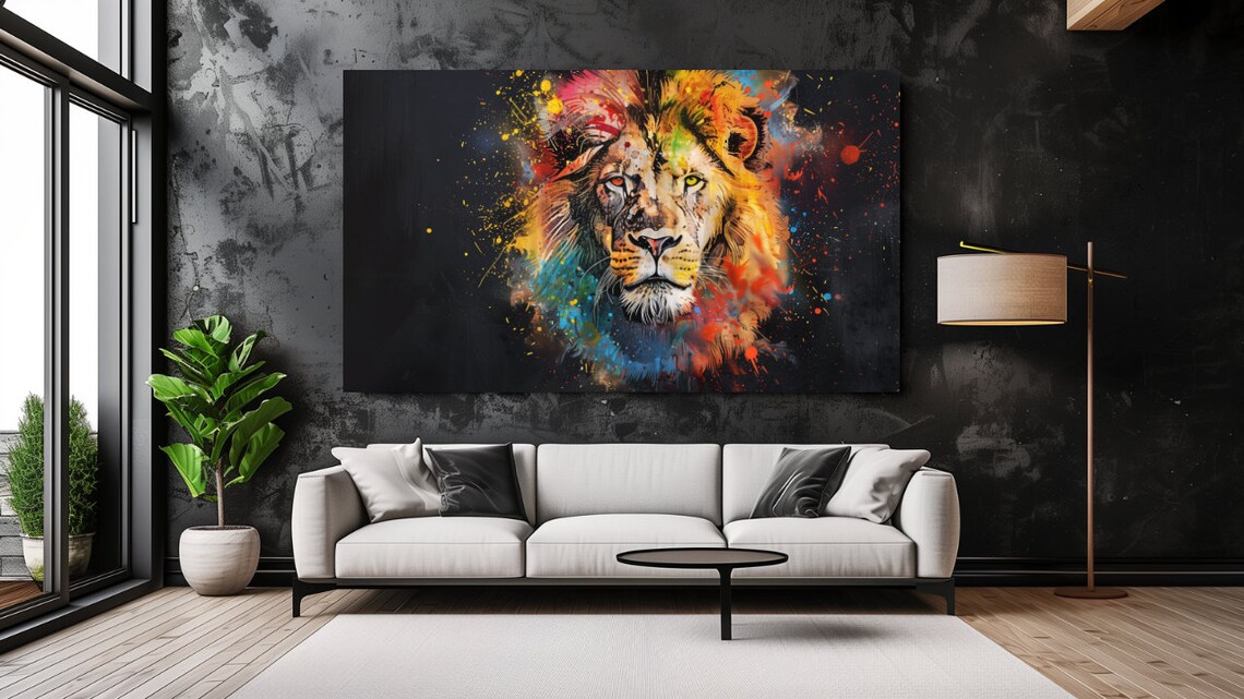 Colorful Abstract Lion Head with Paint Splashes Vibrant Modern Animal Wall Art Poster