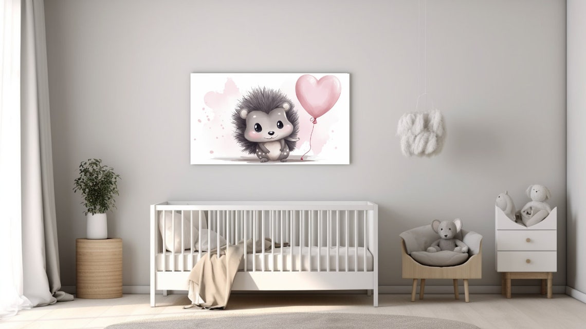 Baby Hedgehog Holding Pink Heart Balloon Nursery Decor Wall Art