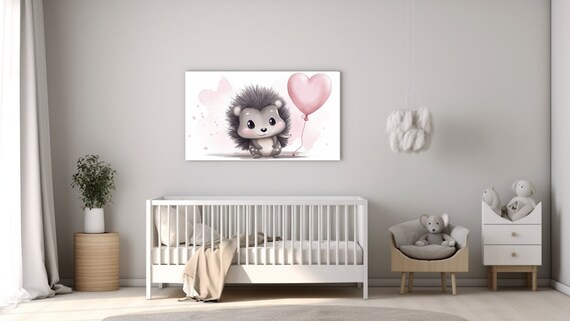 Baby Hedgehog Holding Pink Heart Balloon Nursery Decor Wall Art