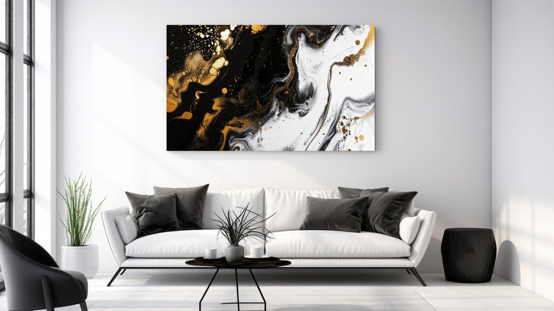 Black White Gold Fluid Abstract Marble Luxury Modern Swirl Art Poster