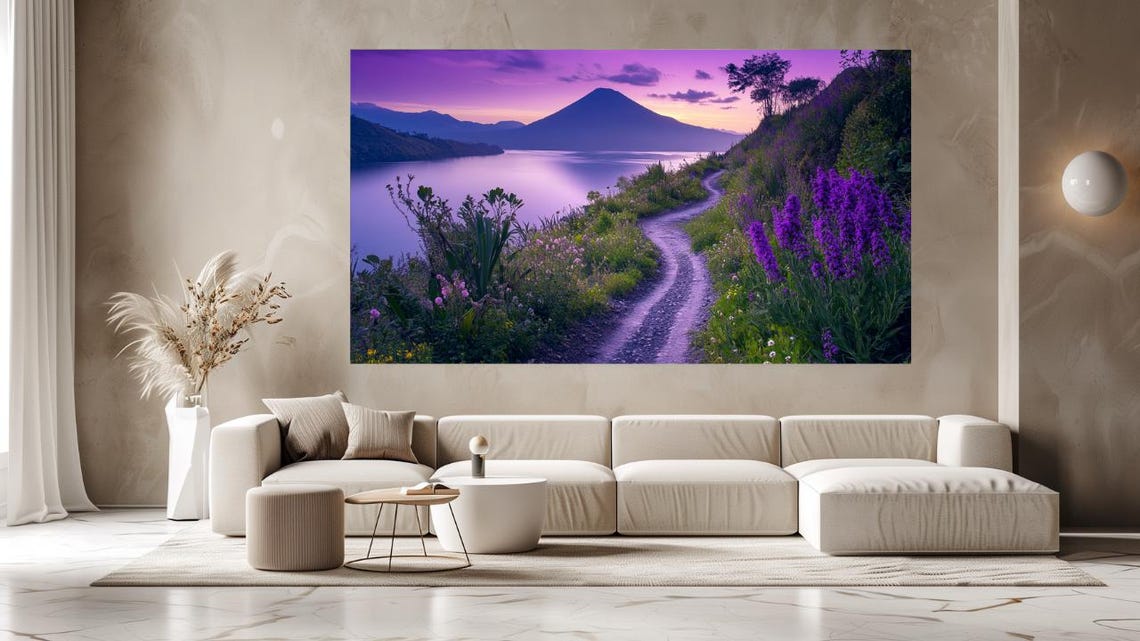 Volcano Lake Twilight Purple Wildflower Path Scenic Travel Poster
