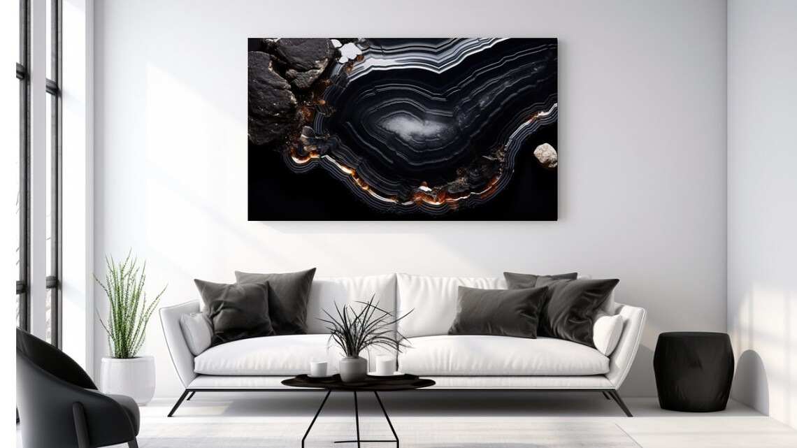 Black Agate Geode Crystal Amber Gold Edges Moody Elegant Modern Wall Print