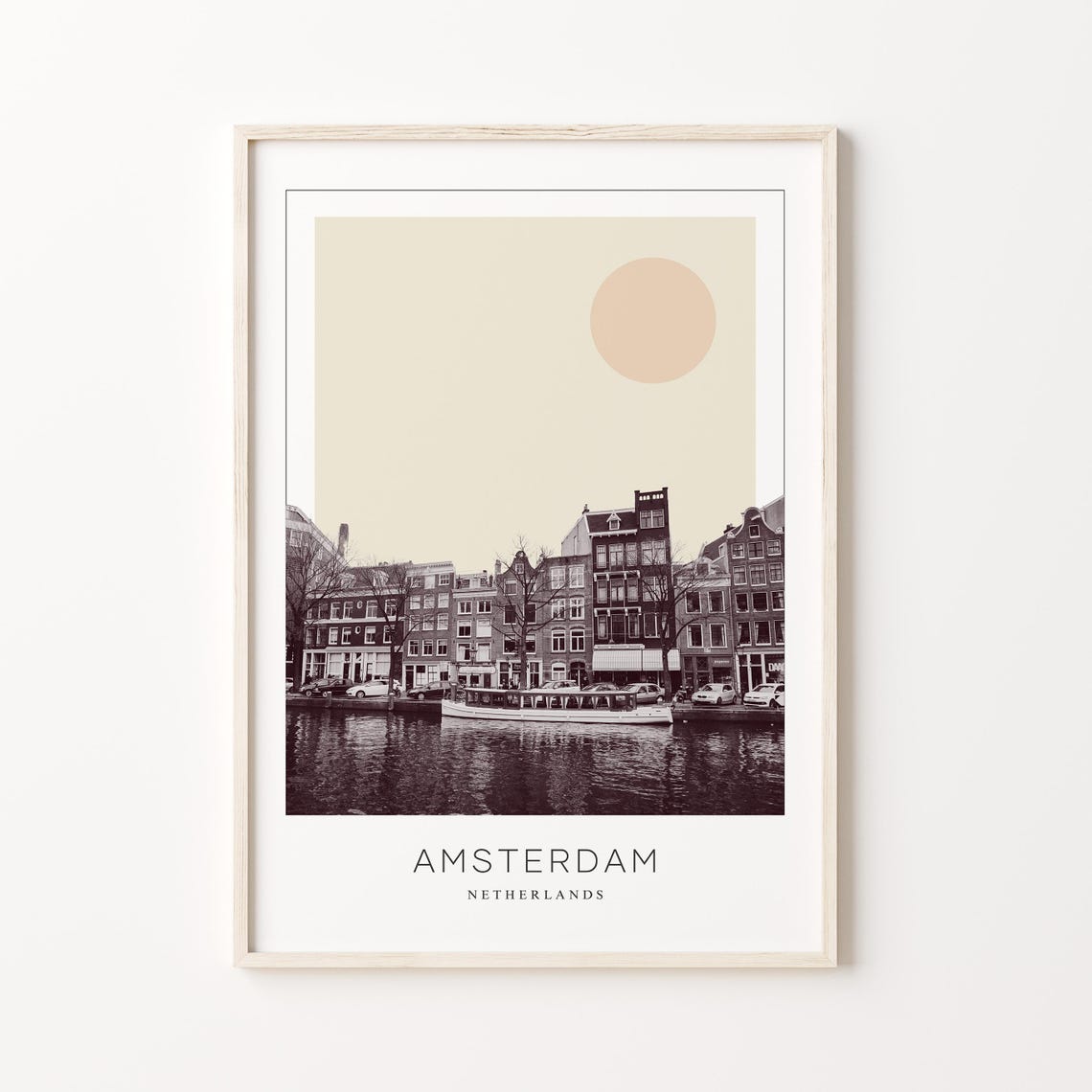 Amsterdam Netherlands Canal Houses Boat Minimalist Travel Poster