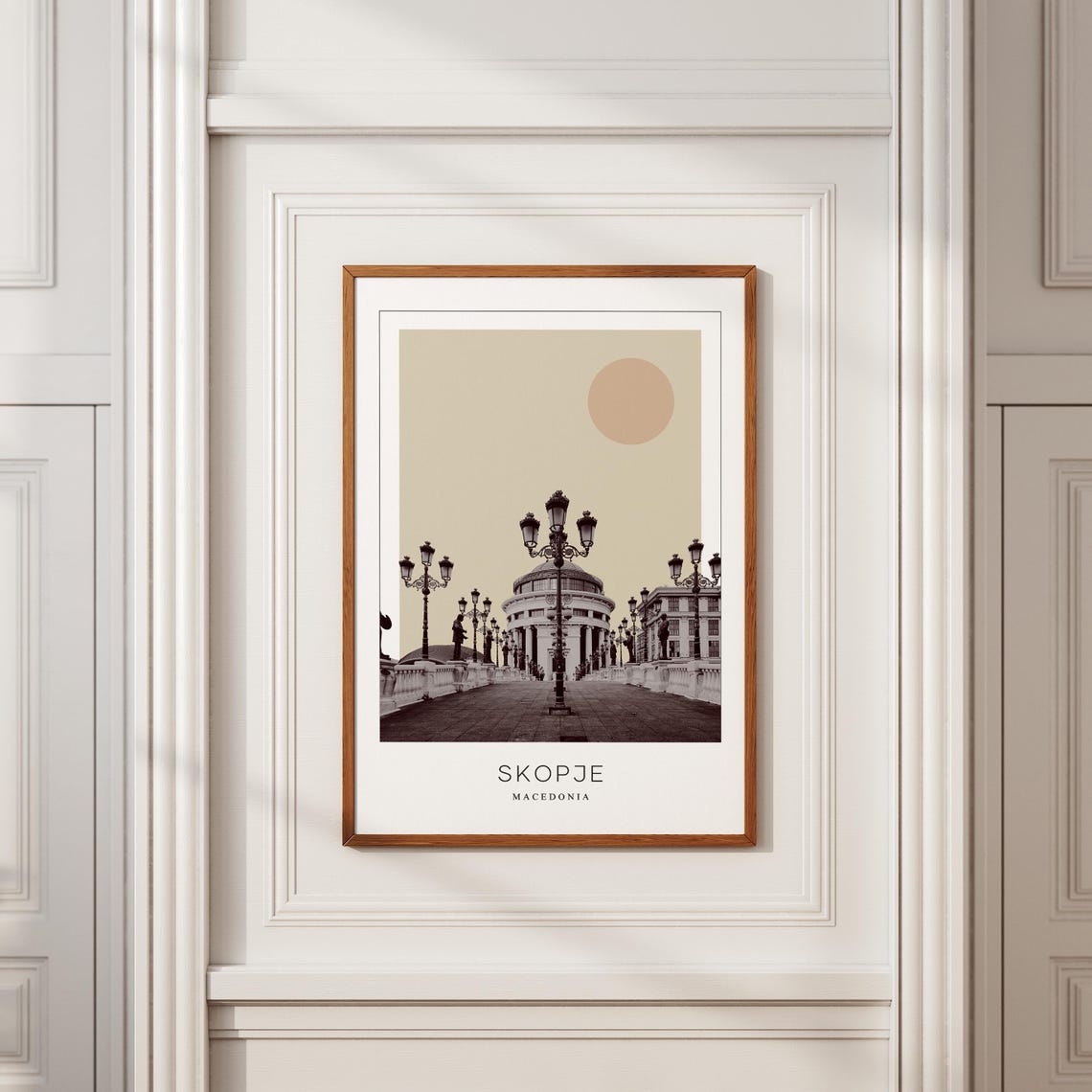 Skopje Macedonia Art Bridge Lamps Statues Minimalist Travel Poster - Image 2