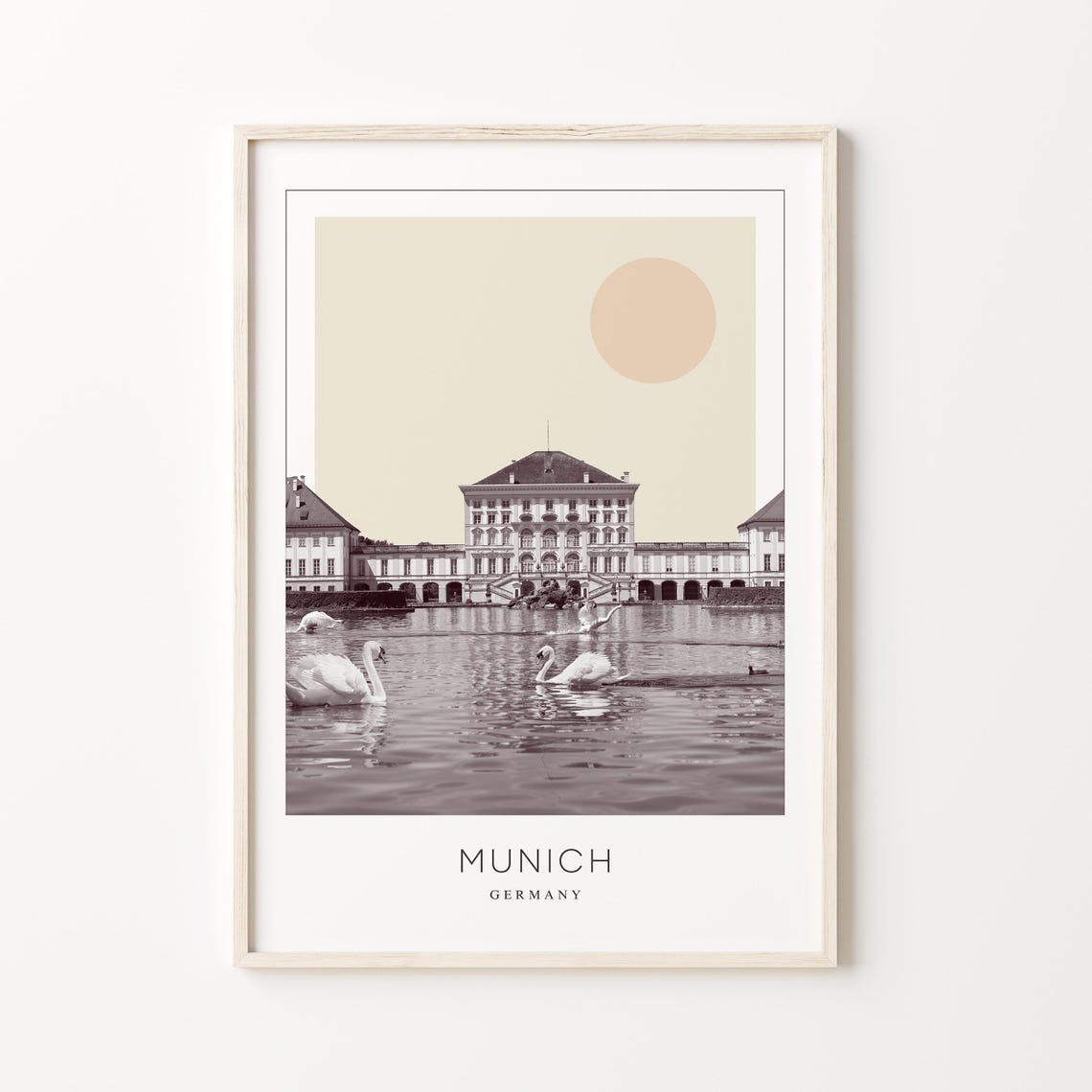 Munich Germany Baroque Palace Lake Swans Minimalist Travel Poster