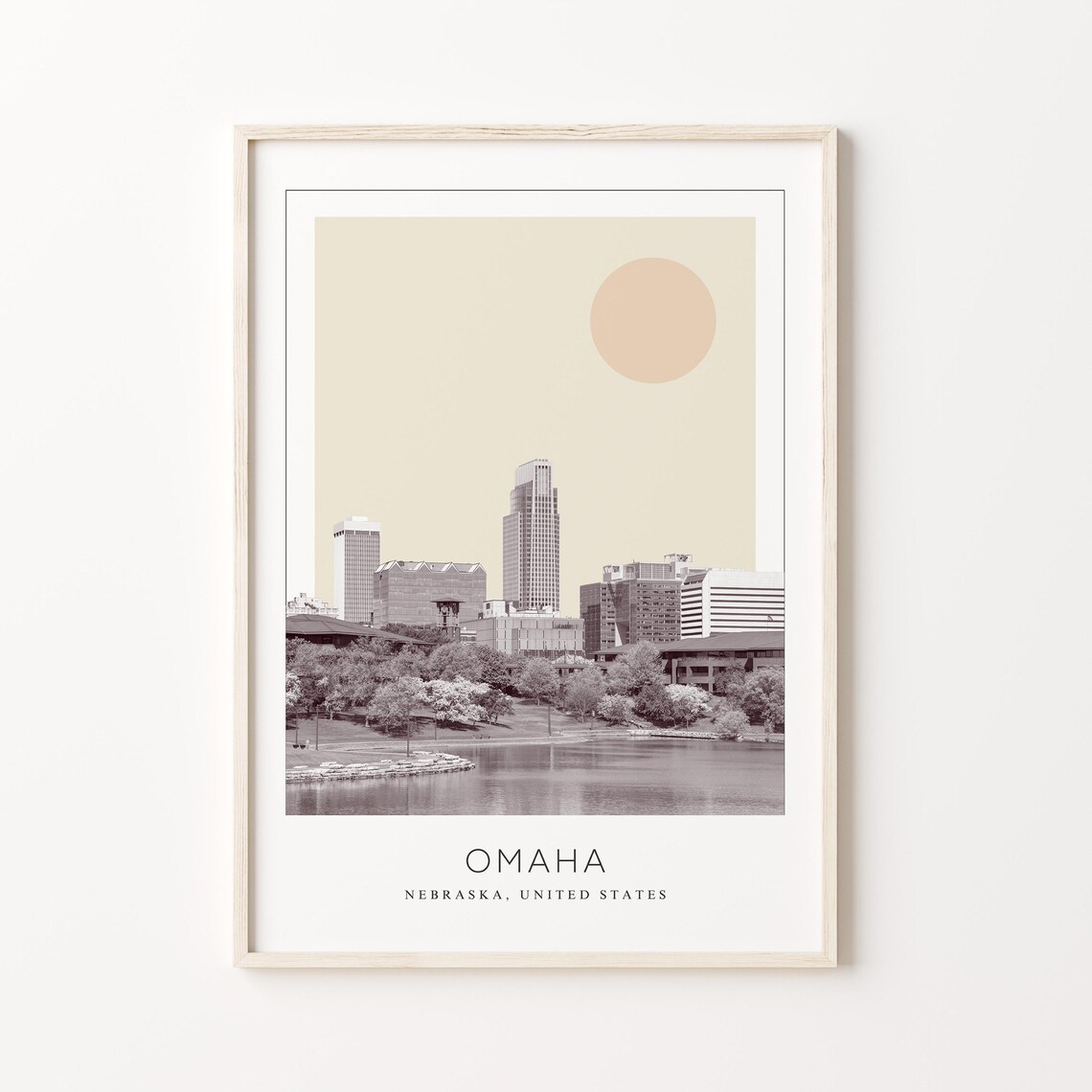 Omaha Nebraska Downtown Skyline Over Water Minimalist Travel Poster