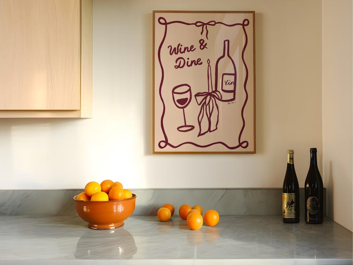 Wine And Dine Pink Squiggle Border Wine Illustration Fun Poster - Image 2