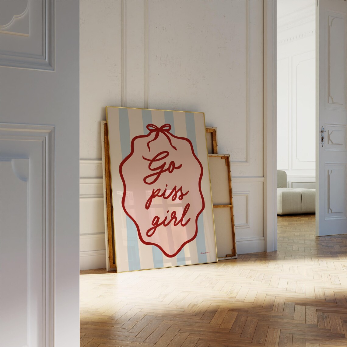 Go Piss Girl Blue Striped Bow Plaque Funny Bathroom Quote Poster - Image 4