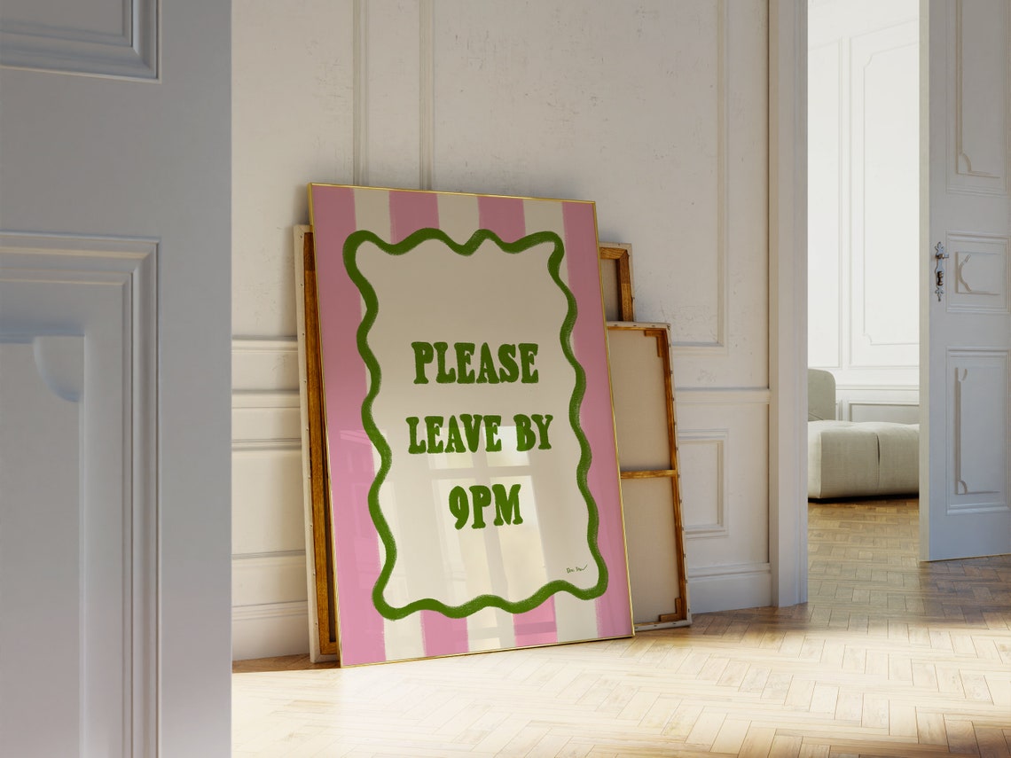 Please Leave By 9PM Funny Green Pink Party Sign Typography Wall Art - Image 2