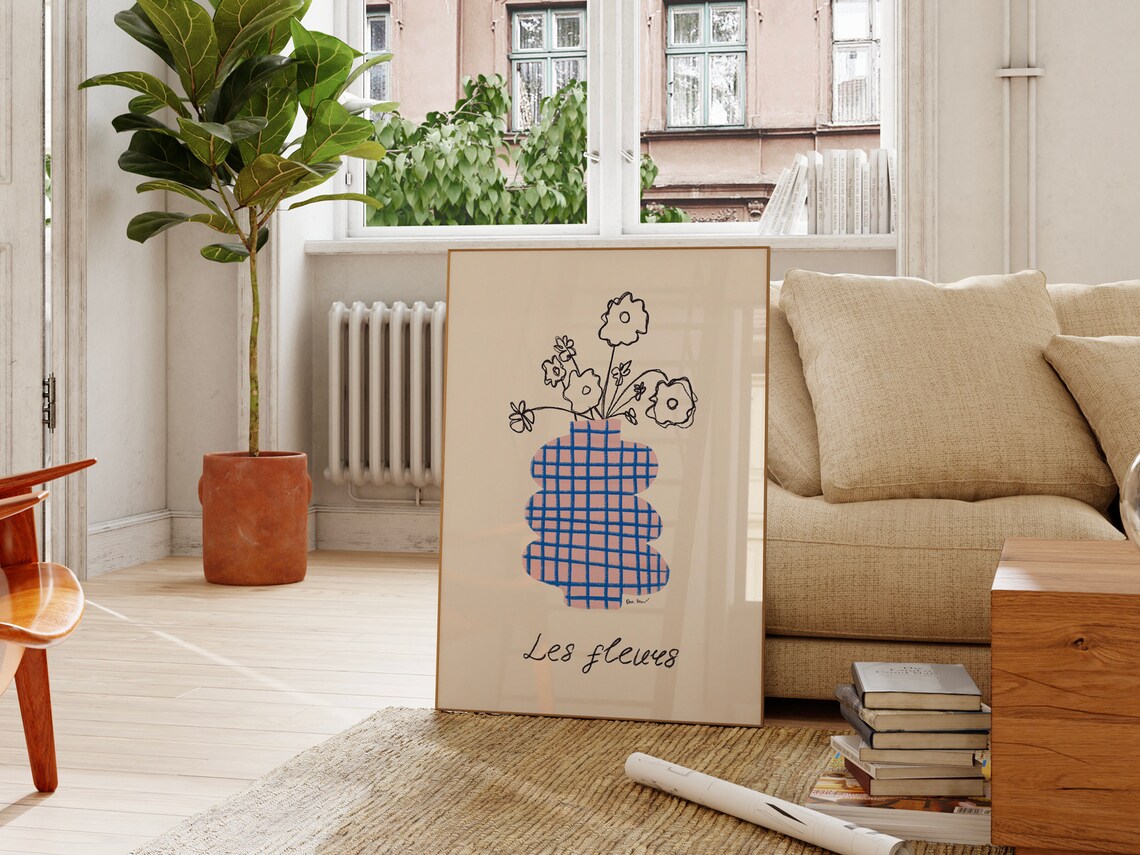 Elegant Les Fleurs Blue Gingham Vase French Floral Line Art Poster - Image 3
