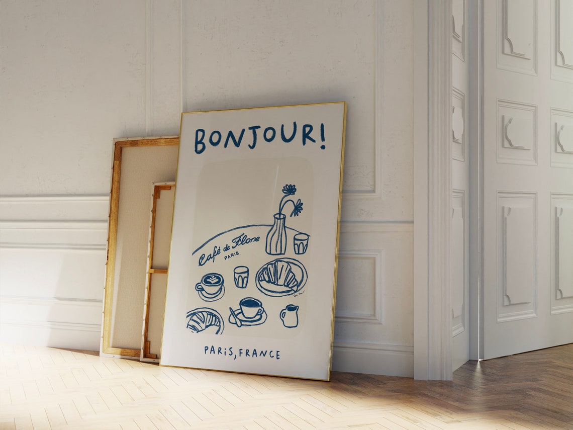 Bonjour Paris French Cafe de Flore Croissant Coffee Line Art Poster