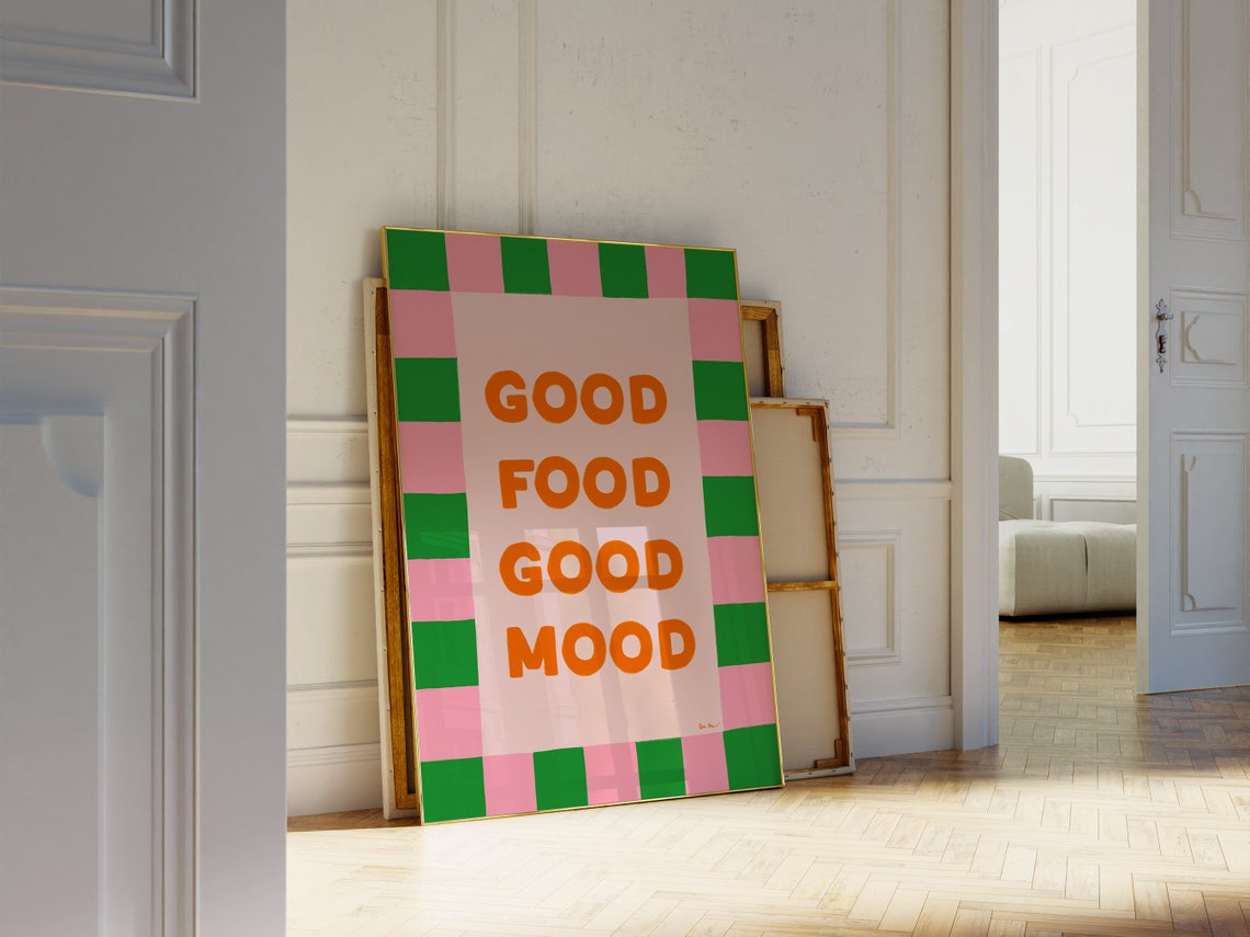 Good Food Good Mood Green And Pink Checkerboard Kitchen Poster