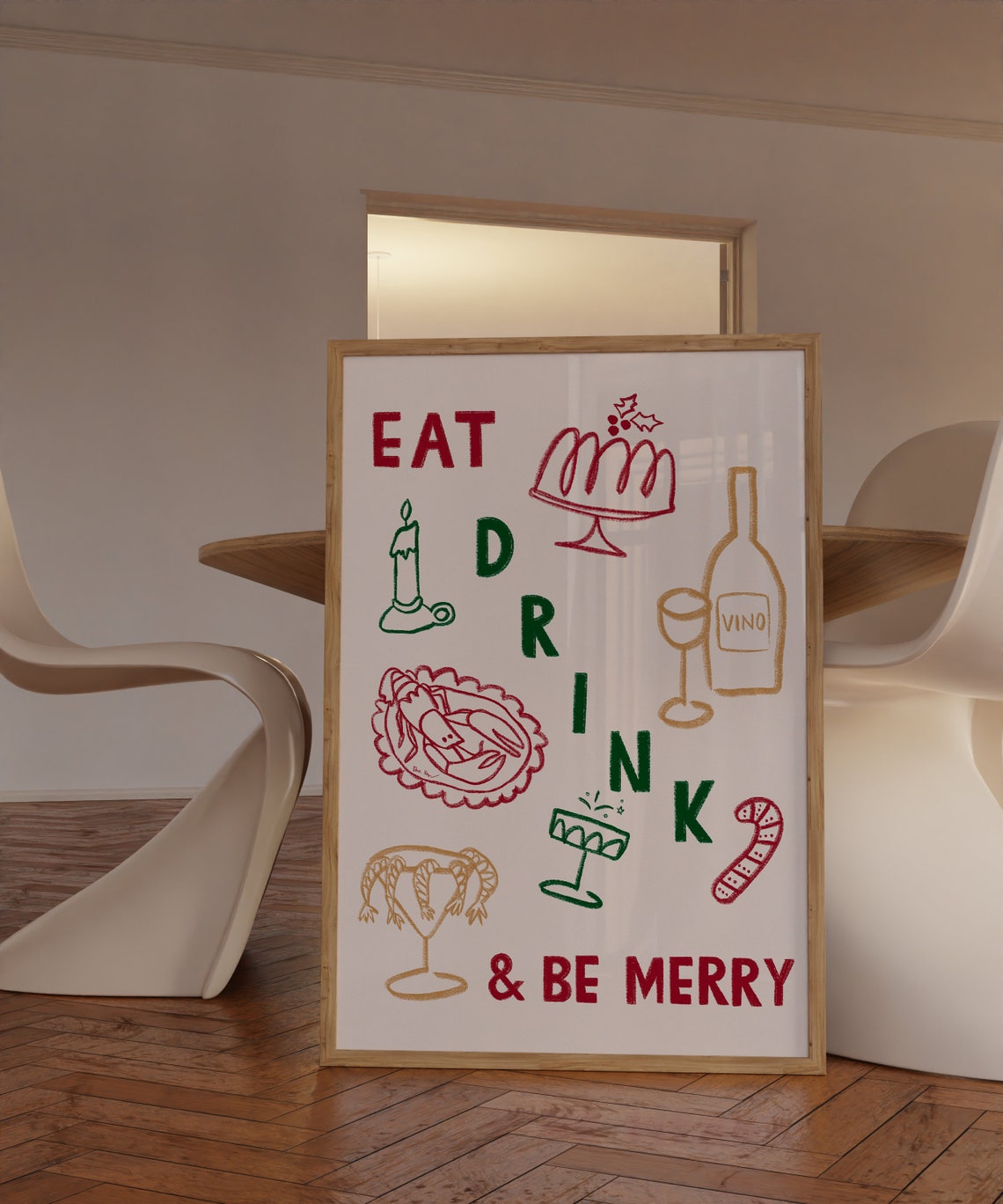 Eat Drink and Be Merry Festive Food Doodle Christmas Art Poster - Image 4
