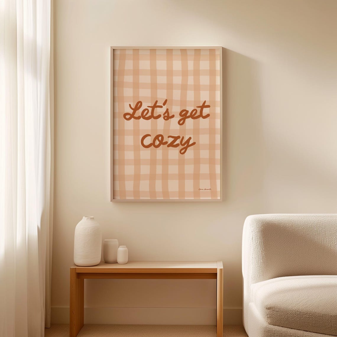 Lets Get Cozy Autumn Gingham Brown Script Fall Quote Art Poster