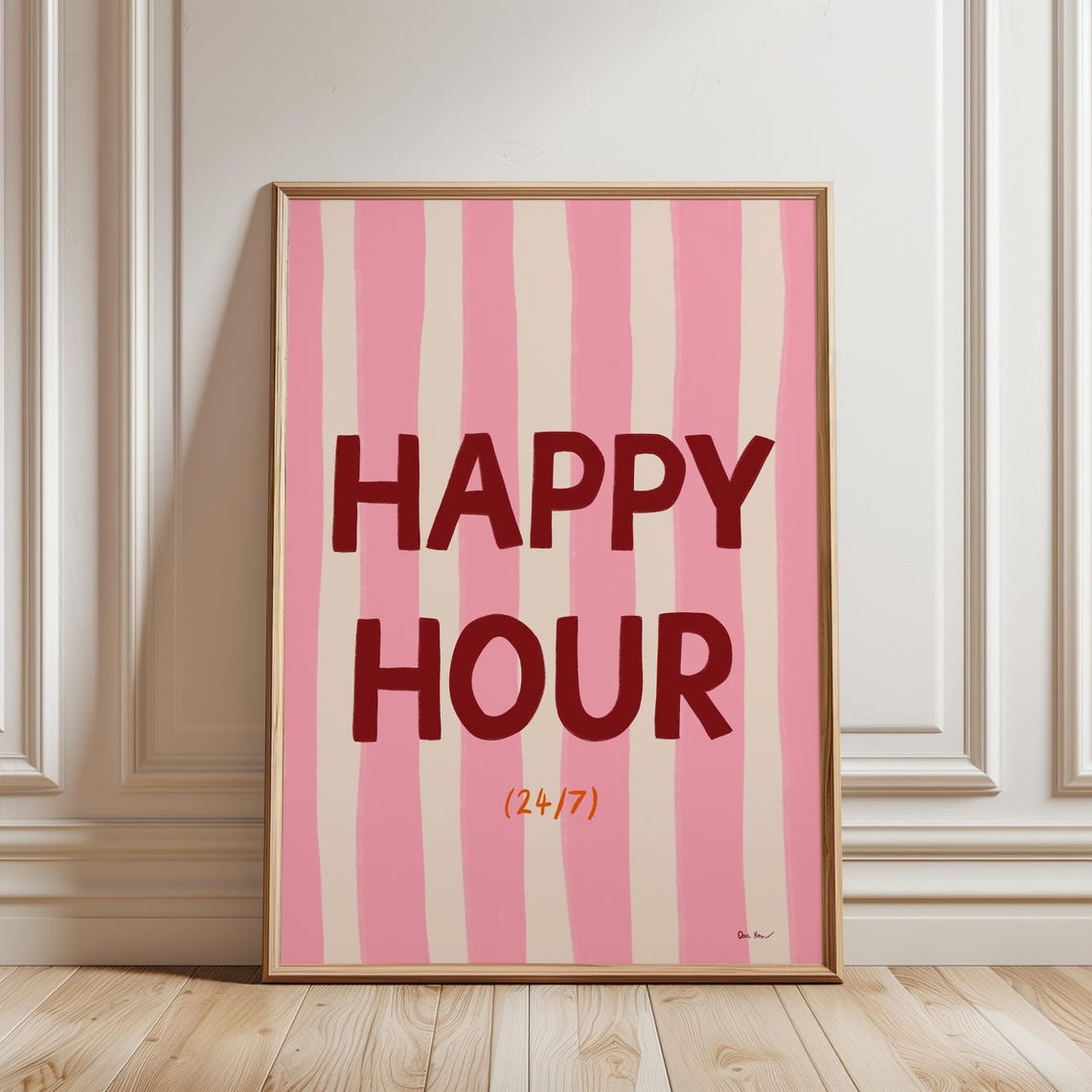 Happy Hour 24/7 Bold Pink Stripes Retro Bar Cart Party Decor Poster - Image 4