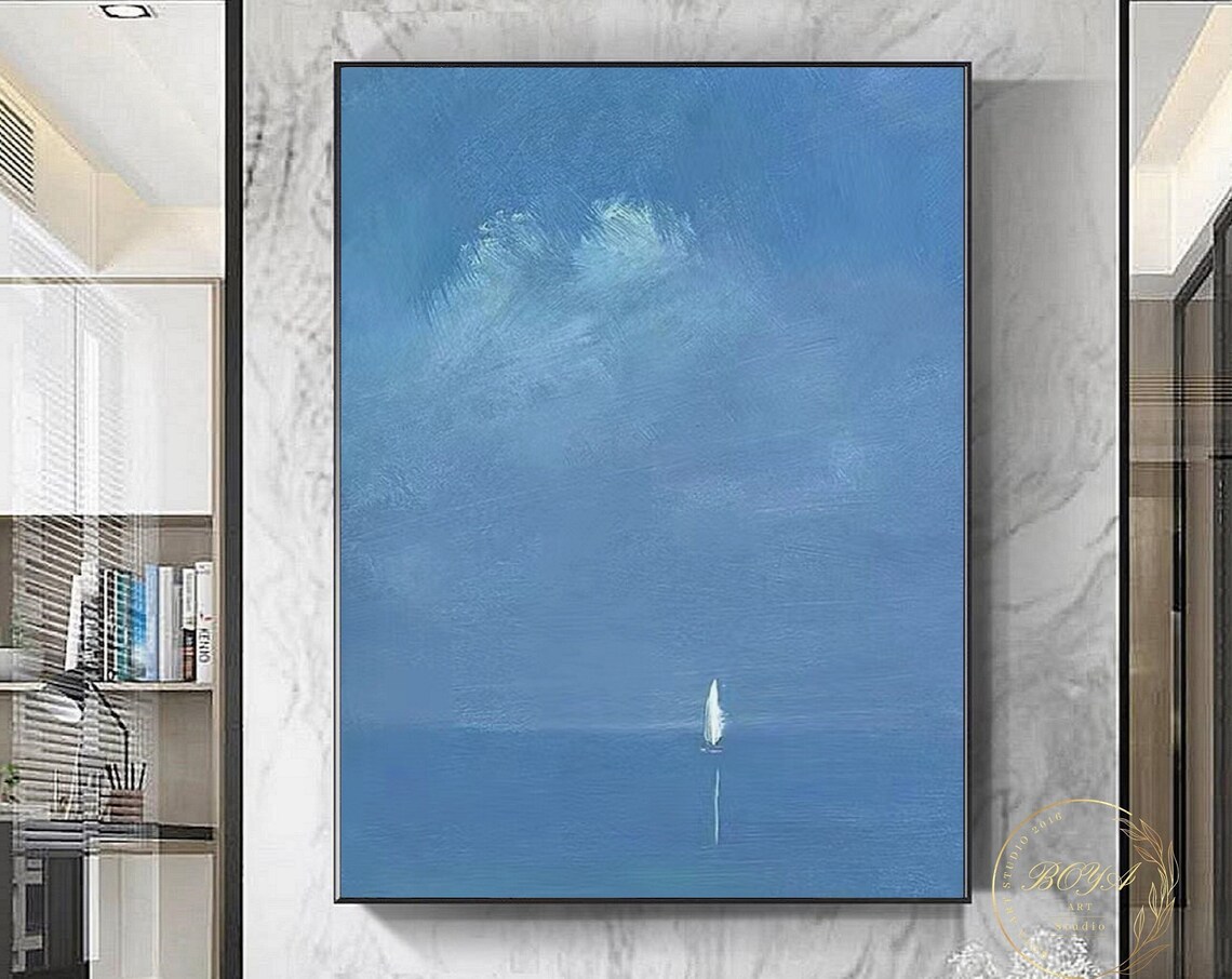 Minimalist Blue Seascape Sailboat Coastline Art Print - Image 5