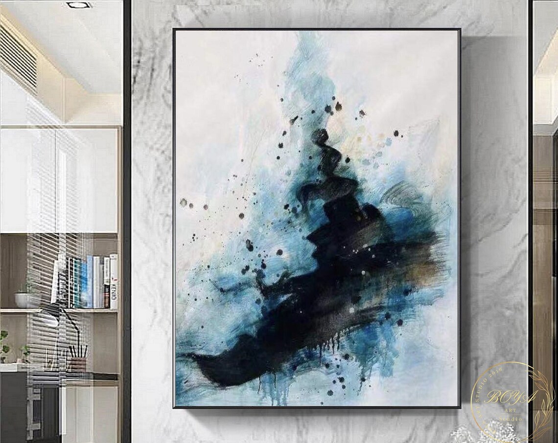 Black Ink Splash on Blue White Wash Abstract Painting Art Poster
