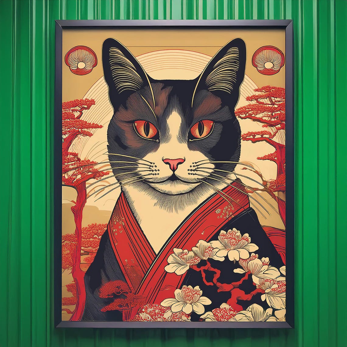 Kimono Cat Among Cherry Blossoms Japanese Ukiyo-e Art Poster