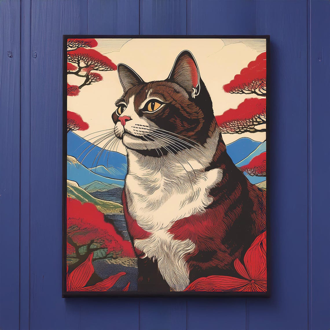 Japanese Cat Under Cherry Blossoms Mountain Woodblock Poster
