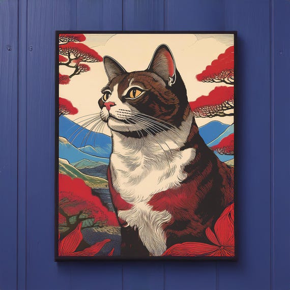 Japandi Cat Wall Art Japanese Minimalist Poster Animal For Zen Modern Decor Boho Japan