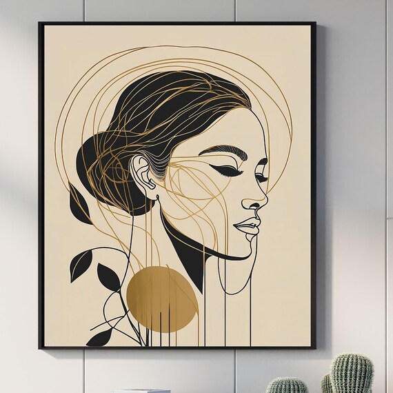 Minimalist Japandi Line Art Portrait File Elegant Black Gold Woman Wall Modern Boho Abstract Female Silhouette