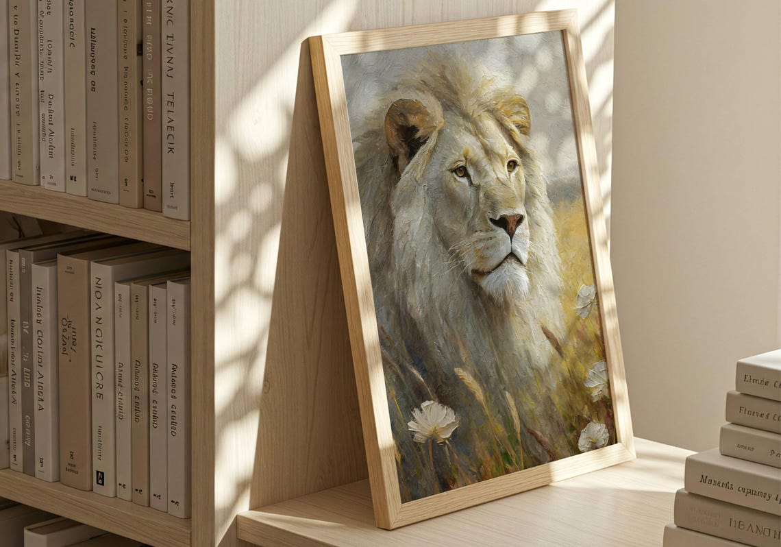 White Lion In Golden Wheat Field Textured Wildlife Oil Painting Poster - Image 2