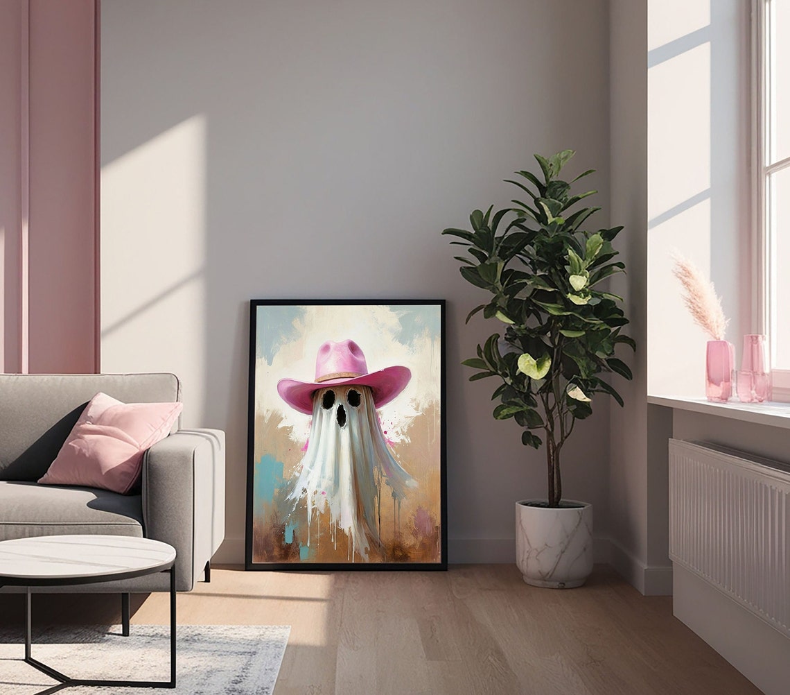Ghost Wearing A Pink Cowboy Hat Abstract Halloween Art Poster - Image 4