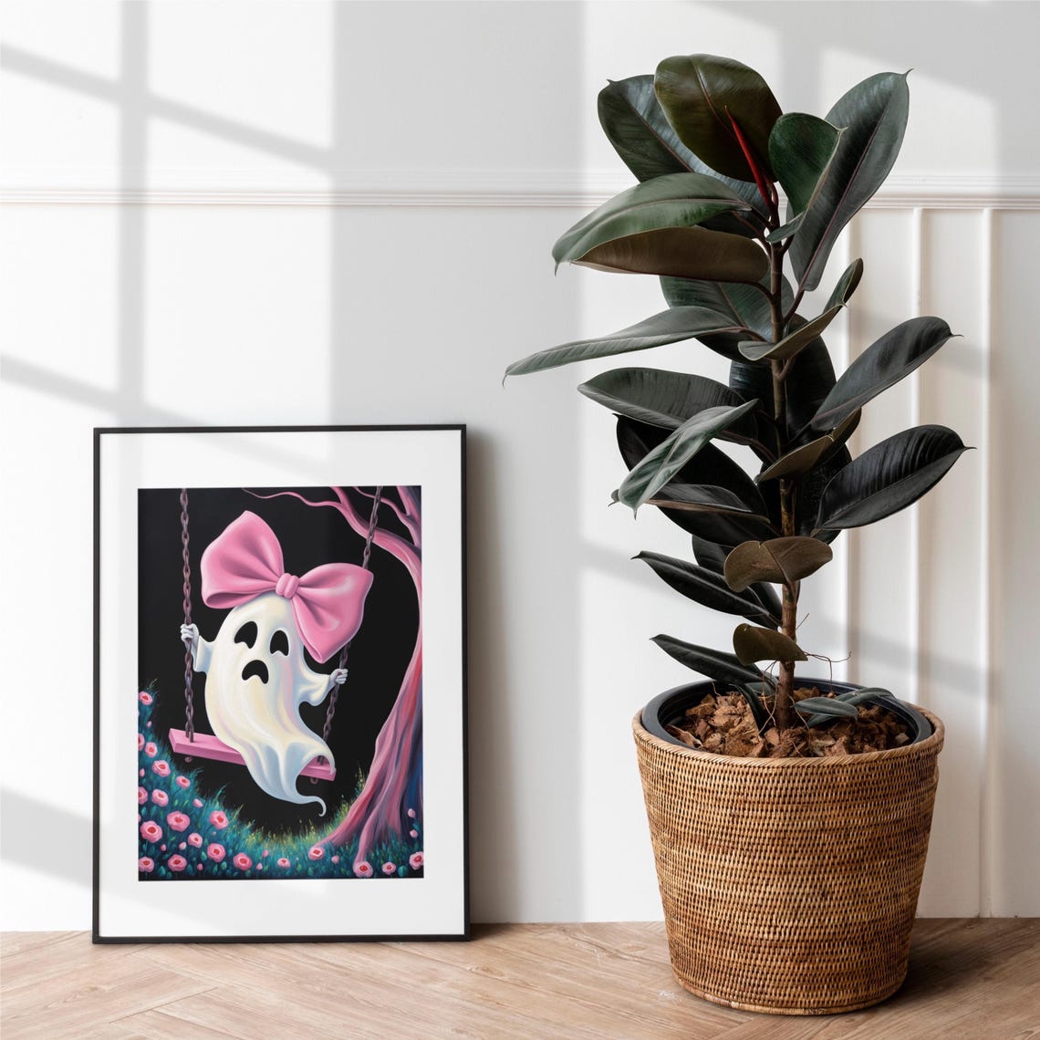 Cute Ghost With Pink Bow On A Swing Under A Pink Tree Halloween Poster - Image 4