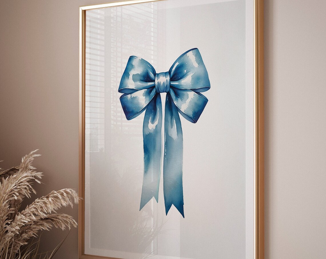 Minimalist Blue Watercolor Ribbon Bow Art Print For Chic Rooms - Image 3