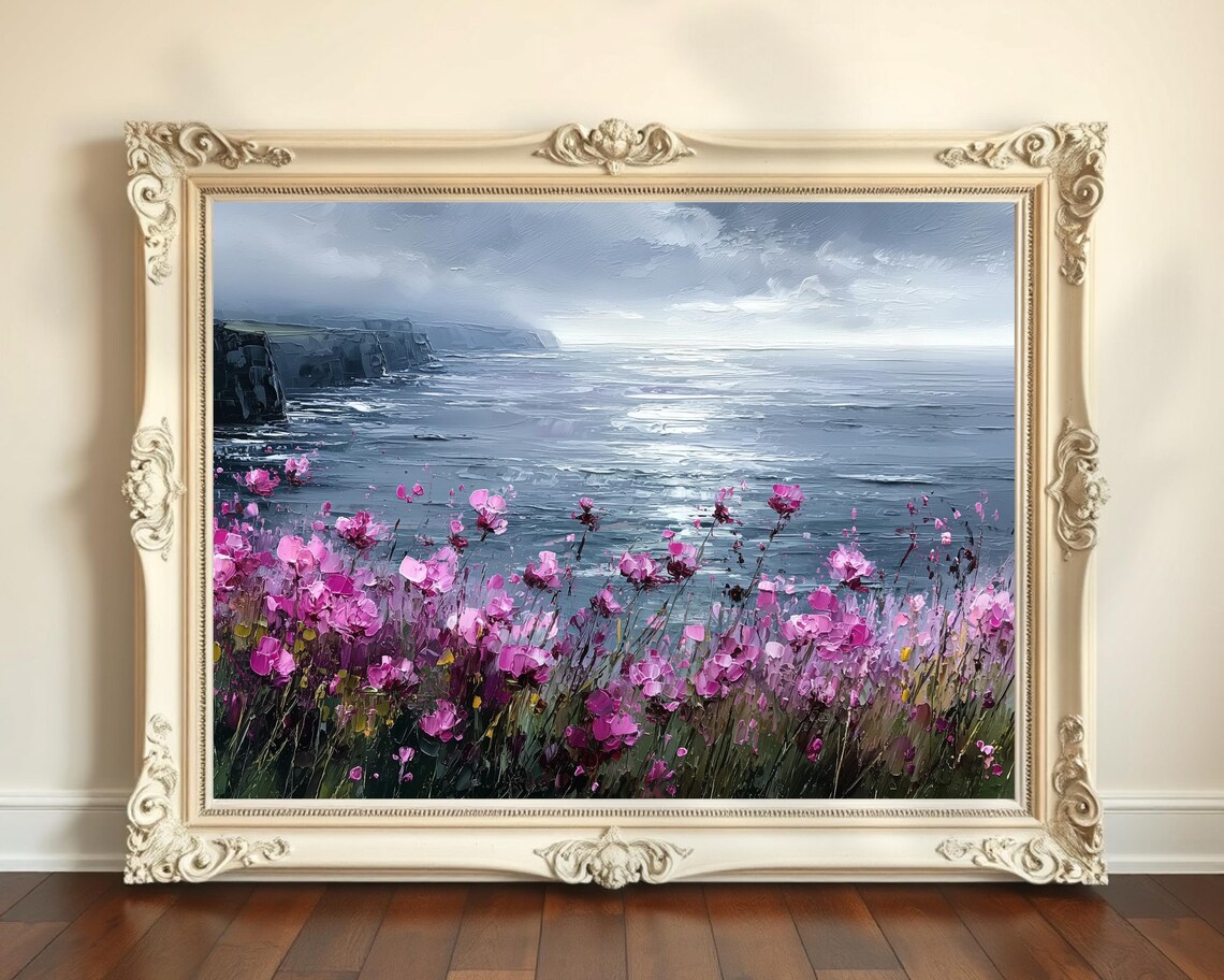 Irish Cliffs of Moher Wildflowers Moody Ocean Oil Painting Print