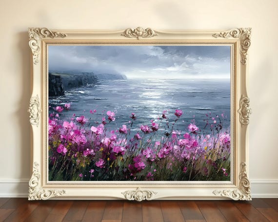 Irish Cliffs Of Moher And Wildflowers Wall Art Coastal Landscape Moody Ocean Scene Pink Floral Seaside Painting Ireland Travel Decor