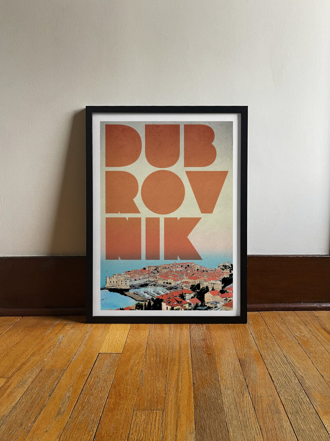 Dubrovnik Croatia Old Town Harbor Big Letter Retro Travel Poster