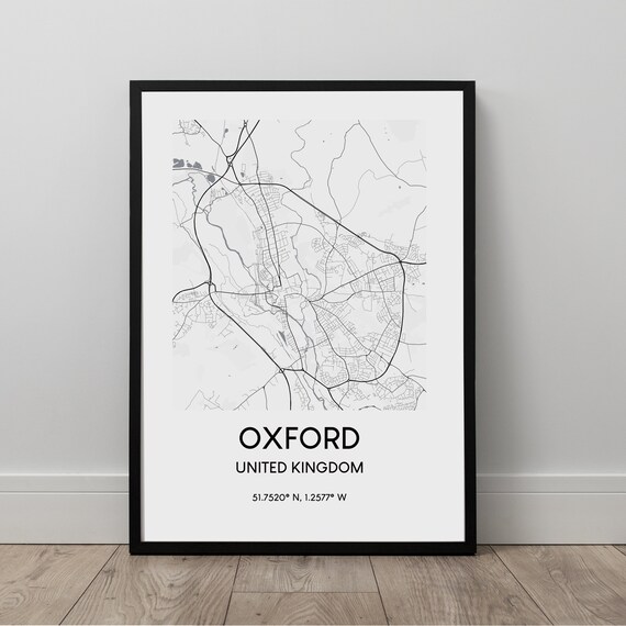Oxford Map Print Art Wall United Kingdom Travel Black And White Minimalist Gift