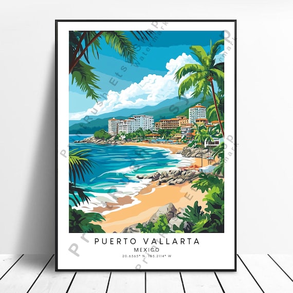Puerto Vallarta Mexico Beach Palm Tree Colorful Travel Poster