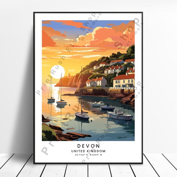 Devon Travel Print Poster Wall Art Colourful Home Dcor Illustration Uk Gift