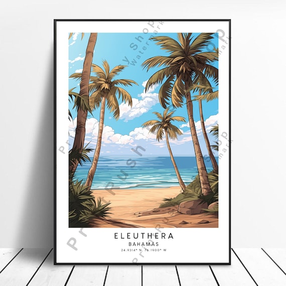 Eleuthera Bahamas Tropical Beach Palm Trees Vintage Travel Poster