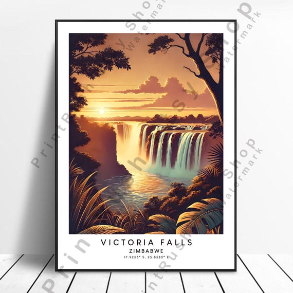 Victoria Falls Illustration Zimbabwe Waterfall Sunset Art Print Poster Home Dcor Travel
