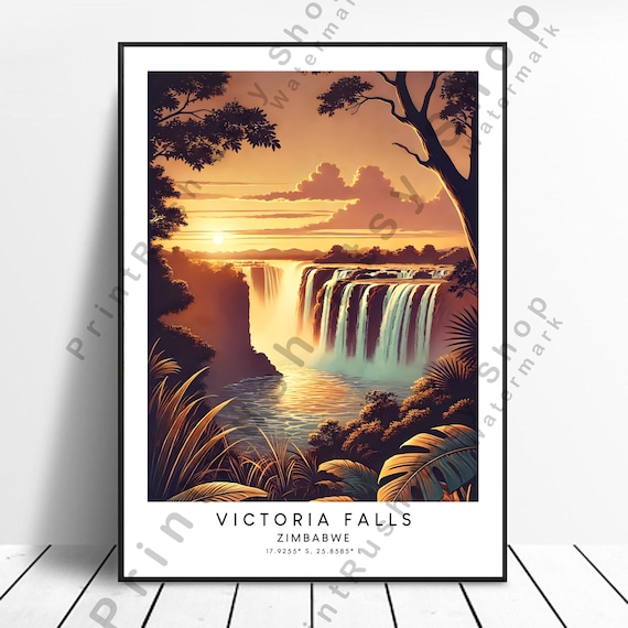 Victoria Falls Zimbabwe Travel Poster Sunset Waterfall Illustration Art