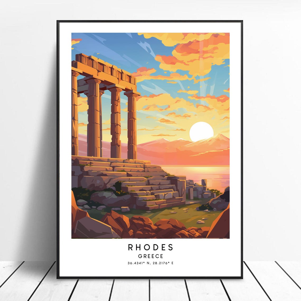 Rhodes Greece Ancient Temple Ruins Sunset Vintage Travel Poster