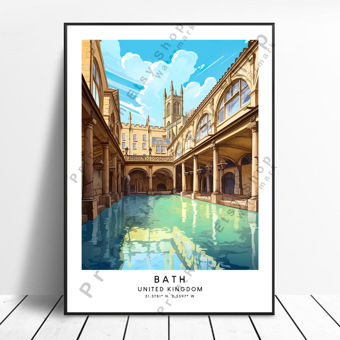 Bath Travel Poster, Abstract Roman Baths Minimalist