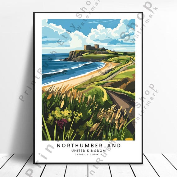 Northumberland Illustration Art Coastal Path Uk Landscape Dcor British Coastline Print Artwork Poster