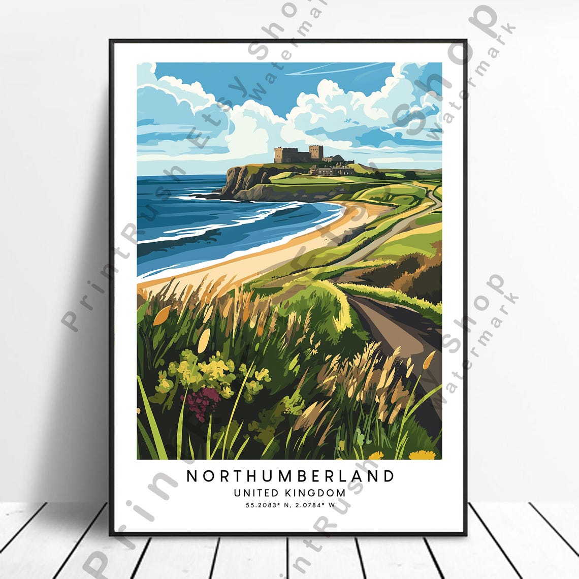Northumberland United Kingdom Coastal Castle Cliffs Travel Poster