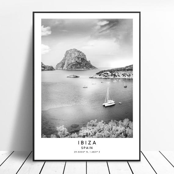 Ibiza Spain Travel Poster, Minimalist Black and White