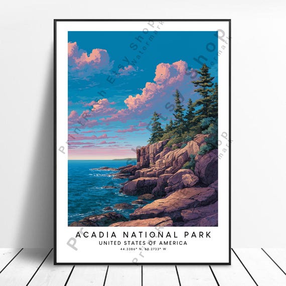 Acadia National Park Usa Print Illustration Art Poster Decor Home Wall Hanging Artwork Gift