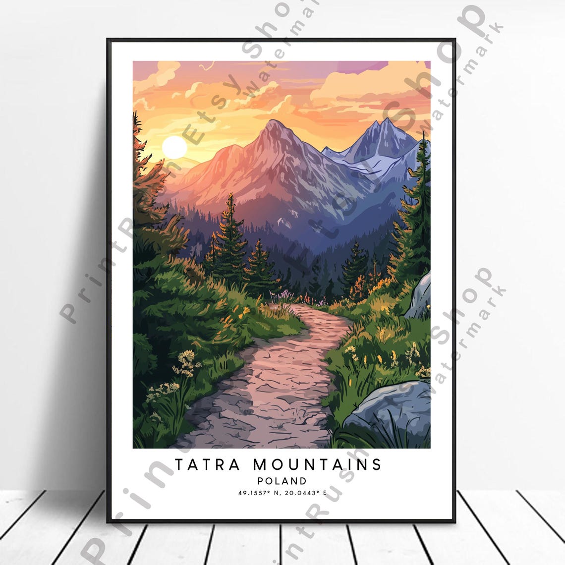 Tatra Mountains Poland Sunset Hiking Trail Retro Travel Poster