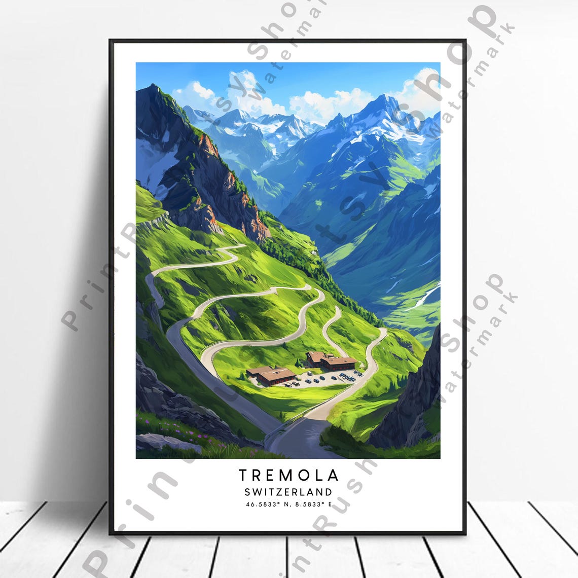 Tremola Switzerland Alpine Switchback Road Snowy Peaks Travel Poster