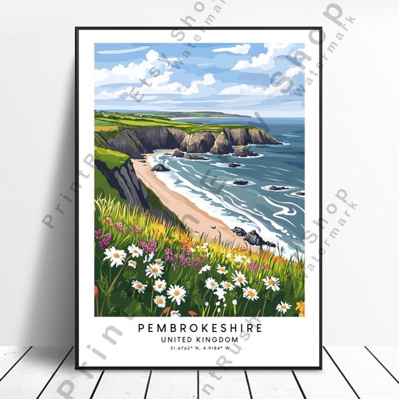 Wales Coastline Art Print Pembrokeshire Illustration British Coastal Poster Cliff Beach Gift