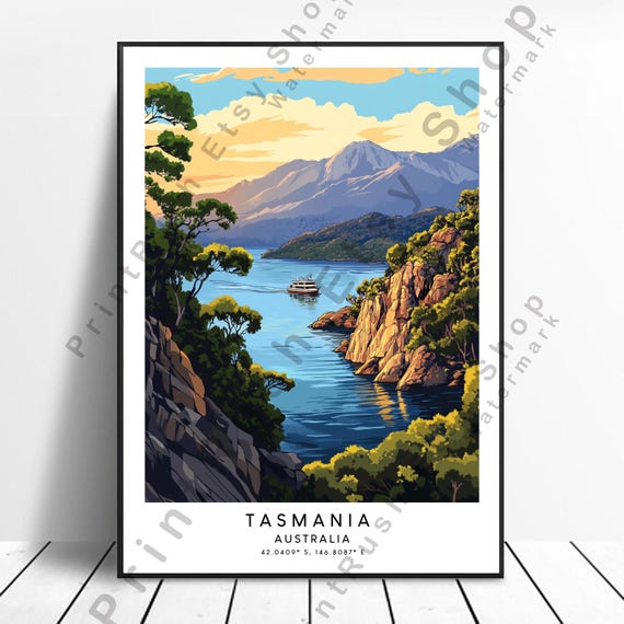 Tasmania Australia Print Coast Poster Illustration Art Home Dcor Colourful Gift