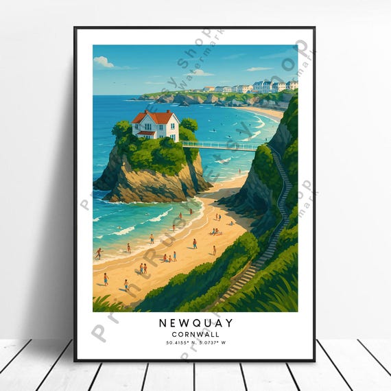 Newquay Cornwall Print Illustration Art Poster Coastal Beach Wall Decor Travel Seaside Landscape Artwork British Home